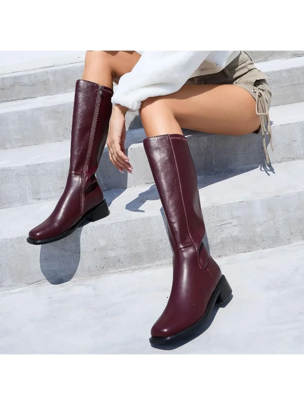 Women's Burgundy Faux Leather Square Toe Knee High Stretch With Side Zipper Boot